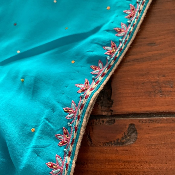 Blue Pure Chinnon Chiffon Outfit with Dupatta and Heavy Pants - Picture 8 of 10